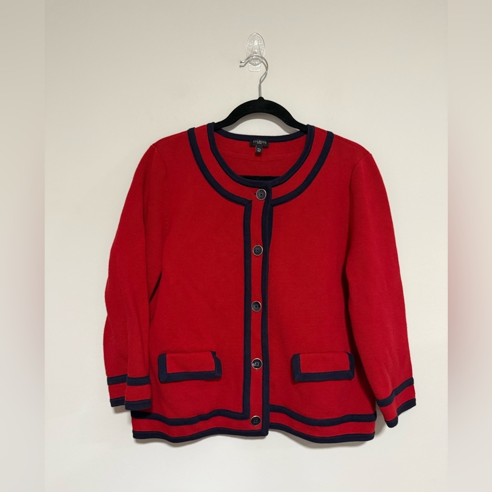Talbots Nautical Red Navy Cardigan Sweater Size XL Petite Preppy Old Money